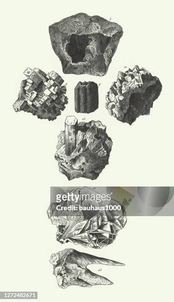 historic vintage, sphaerosiderite, arragonite and calcareous spar, stalacite, minerals and their crystalline forms engraving antique illustration, published 1851 - topaz stock illustrations