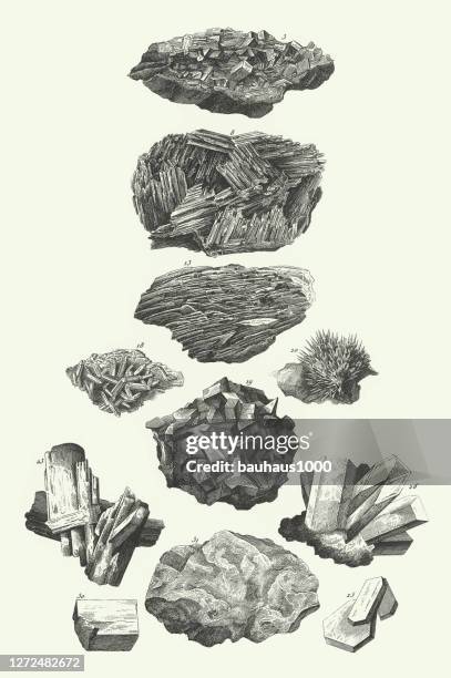 historische vintage, sulfat von baryta, sulfat von ammoniak, copperas, strontianit, alum, sulfat von zink, steinsalz, phosphate von alkalien, mineralien und ihre kristallinen formen gravur antike illustration, veröffentlicht 1851 - kobaltsulfat stock-grafiken, -clipart, -cartoons und -symbole