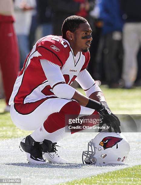 Cornerback A.J. Jefferson of the Arizona Cardinals looks on during warmups prior to the game against the Seattle Seahawks at CenturyLink Field on...