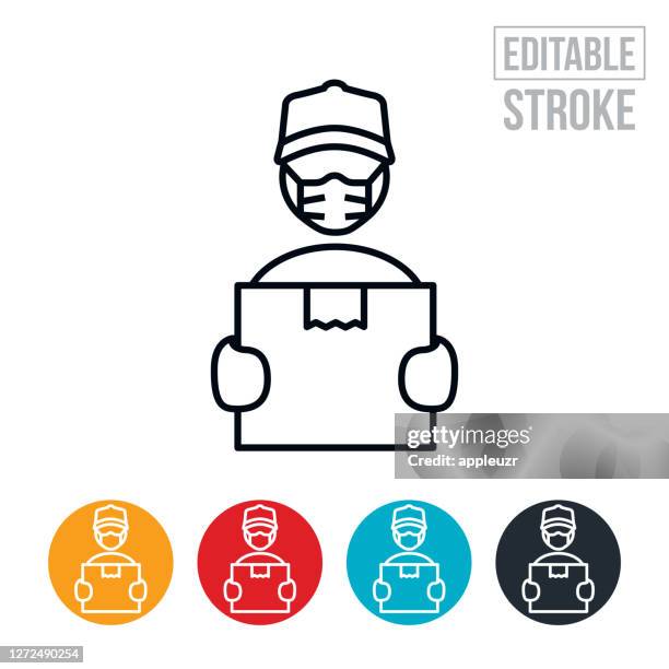 package delivery man wearing face mask delivering package thin line icon - editable stroke - essential workers vector stock illustrations
