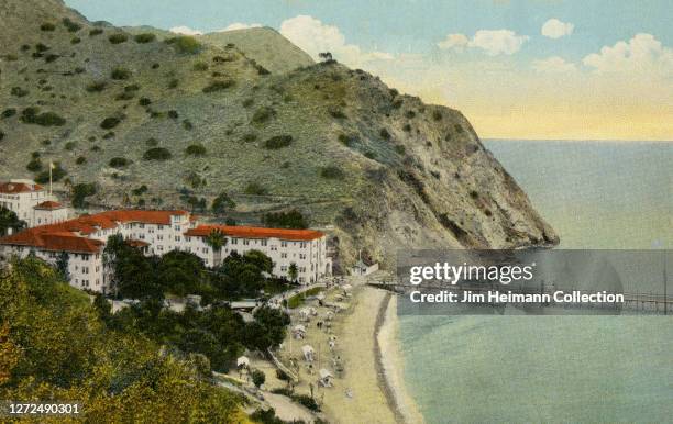 An aerial shows Hotel St. Catherine at Catalina Island, California, circa 1915.