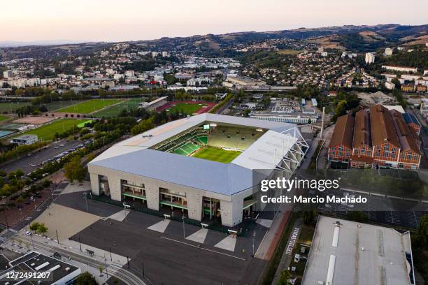 View of Stade Geoffroy-Guichard during the Ligue 1 match between Saint Etienne v Strasbourg on September 12, 2020 in Saint-Etienne, France.