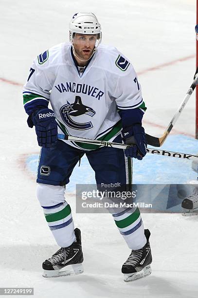 Ryan Parent of the Vancouver Canucks skates against the Edmonton Oilers on September 22, 2011 at Rexall Place in Edmonton, Alberta, Canada. The...