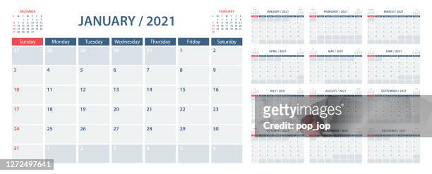 stockillustraties, clipart, cartoons en iconen met calendar planner 2021 - vectorsjabloon. de week begint op zondag - 2021