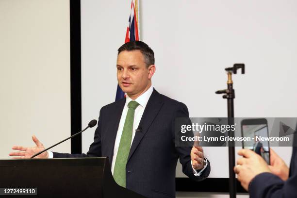 James Shaw, New Zealand's Minister for Climate Change is recorded by a staffer for Facebook Live as he holds a press conference at Parliament on 15...