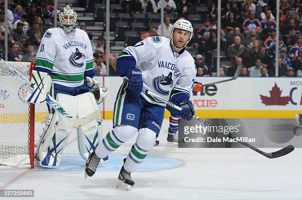Ryan Parent of the Vancouver Canucks skates against the Edmonton Oilers on September 22, 2011 at Rexall Place in Edmonton, Alberta, Canada. The...