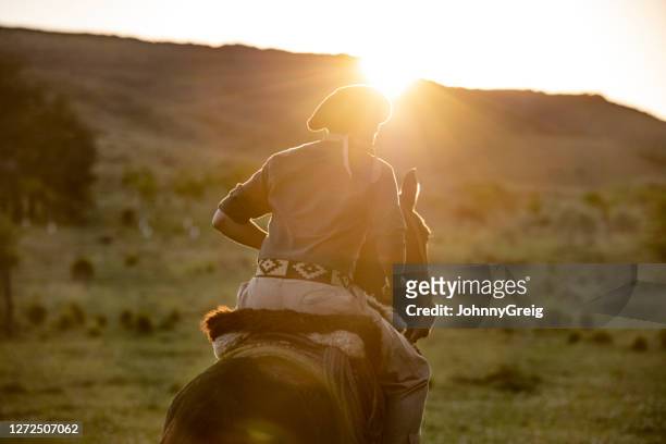 giovane gaucho a cavallo nel tardo pomeriggio - gaucho foto e immagini stock