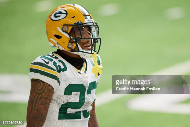 Jaire Alexander of the Green Bay Packers looks on during the game against the Minnesota Vikings at U.S. Bank Stadium on September 13, 2020 in...