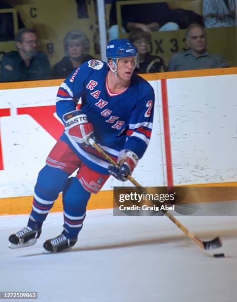 Brian Leetch of the New York Rangers skates against the Toronto Maple Leafs during NHL game action on December 4, 1993 at Maple Leaf Gardens in...