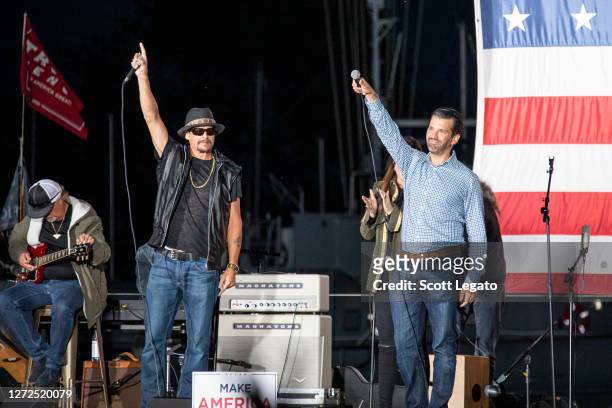 Kid Rock and Donald Trump Jr. Speak onstage during the Trump 2020 rally on September 14, 2020 in Harrison, Michigan.
