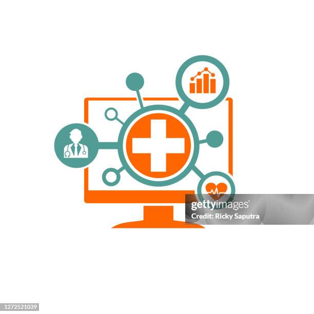 medical computer data vector illustration - working on laptop close up stock illustrations