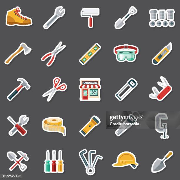 stockillustraties, clipart, cartoons en iconen met hardware store-stickerset - hamer handgereedschap