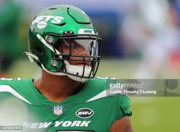 Quinnen Williams of the New York Jets on the field before a game against the Buffalo Bills at Bills Stadium on September 13, 2020 in Orchard Park,...