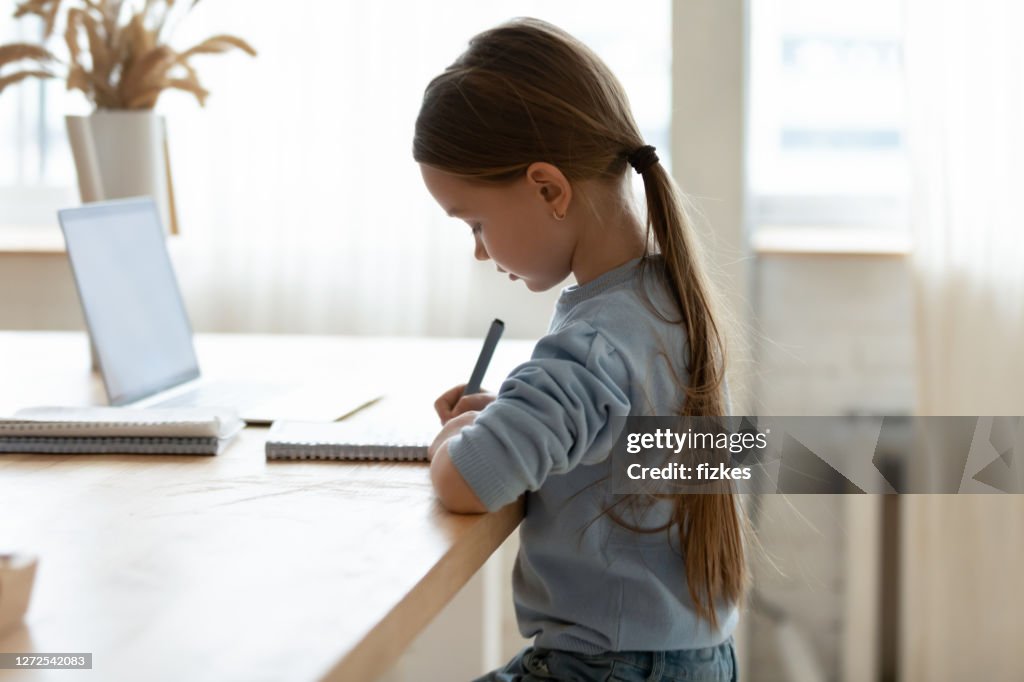 Focused small adorable caucasian girl preparing homework alone.