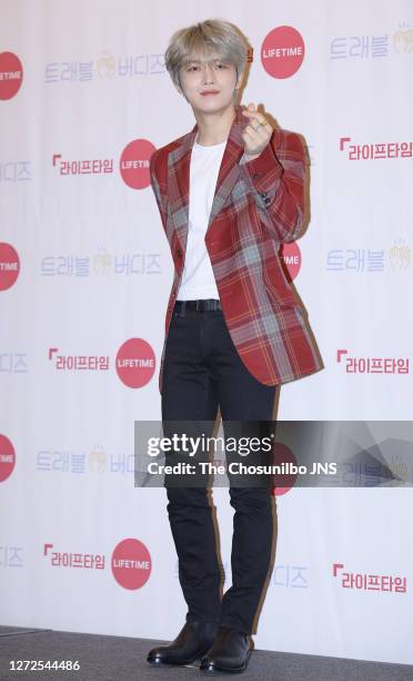 Singer Kim Jae-Joong attends the press conference for Life Time TV program 'Travel Buddies' at Four Seasons Hotel on February 03, 2020 in Seoul,...