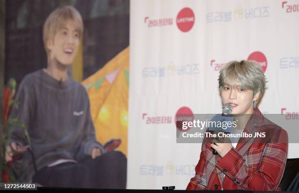 Singer Kim Jae-Joong attends the press conference for Life Time TV program 'Travel Buddies' at Four Seasons Hotel on February 03, 2020 in Seoul,...
