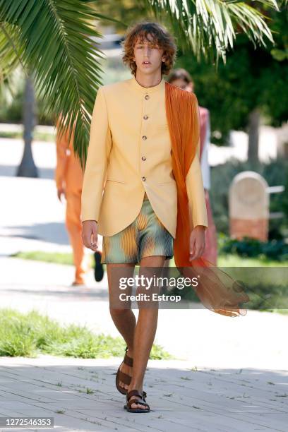 September 14: A model walks the runway during the Mans show as part of the 080 Brcelona Fashion Spring/Summer 2021 on September 14, 2020 in...