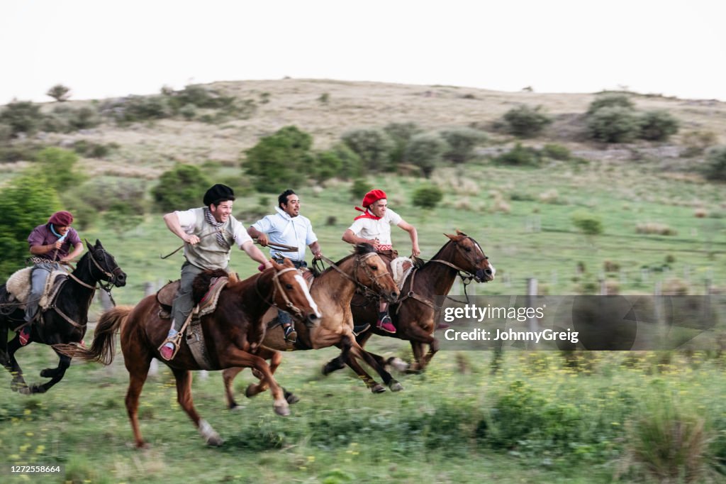 Gauchos galoppieren mit Höchstgeschwindigkeit durch argentinisches Grasland
