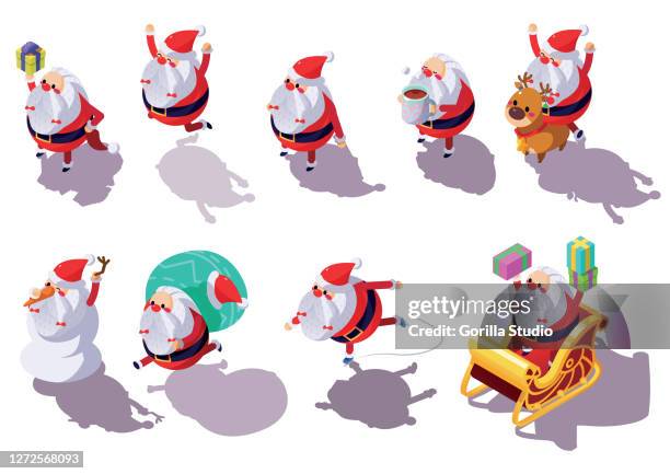 illustrazioni stock, clip art, cartoni animati e icone di tendenza di natale di babbo natale in diverse icone di azione e posa - winter sports icon
