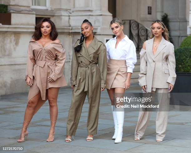 Little Mix seen leaving the Langham Hotel ahead of their performance of BBC Radio One Live Lounge on September 15, 2020 in London, England.