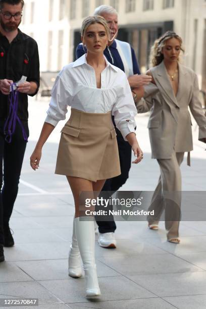 Perrie Edwards from Little Mix seen leaving the Langham Hotel ahead of their performance of BBC Radio One Live Lounge on September 15, 2020 in...