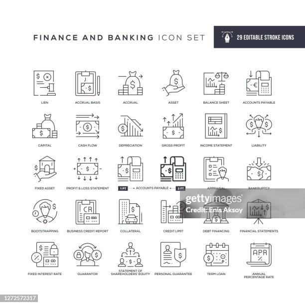 finance and banking editable stroke line icons - profit loss icon stock illustrations