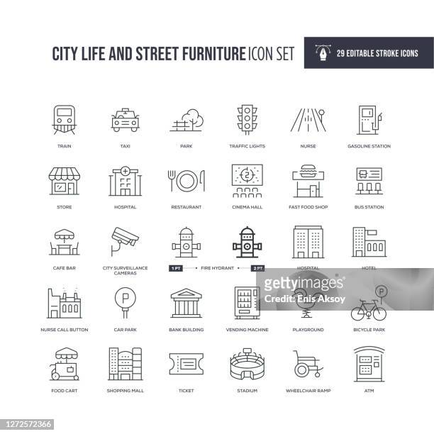 city life and street furniture editable stroke line icons - railway station stock illustrations