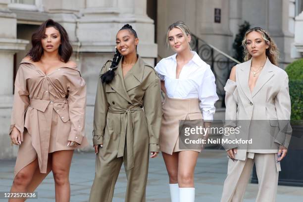 Little Mix seen leaving the Langham Hotel ahead of their performance of BBC Radio One Live Lounge on September 15, 2020 in London, England.