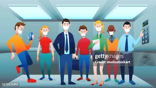 ilustraciones, imágenes clip art, dibujos animados e iconos de stock de personas mientras están de pie en el ascensor con máscara facial. - hora punta temas