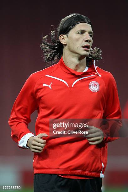 Marko Pantelic of Olympiacos FC in action during a training session ahead of their UEFA Champions League Group match against Arsenal at the Emirates...
