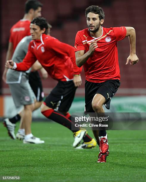 Djamel Abdoun of Olympiacos FC in action during a training session ahead of their UEFA Champions League Group match against Arsenal at the Emirates...