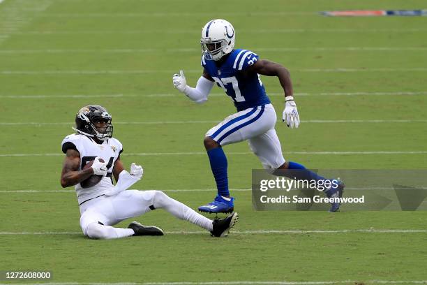 Keelan Cole of the Jacksonville Jaguars makes a reception against Xavier Rhodes of the Indianapolis Colts during the game at TIAA Bank Field on...