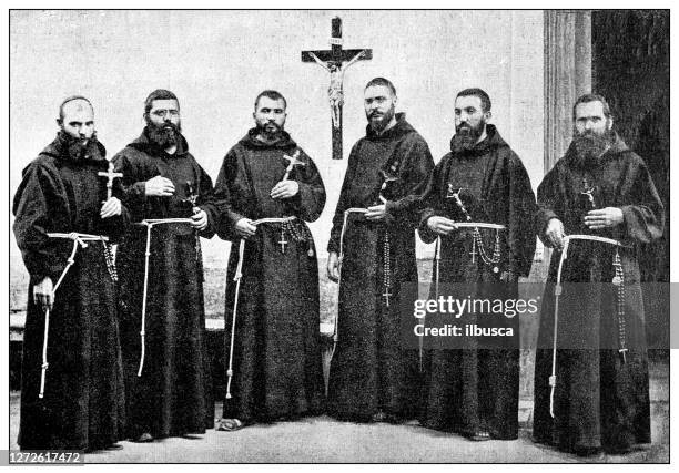 antique photograph of the first italo-ethiopian war (1895-1896): capuchin friars - monks stock illustrations