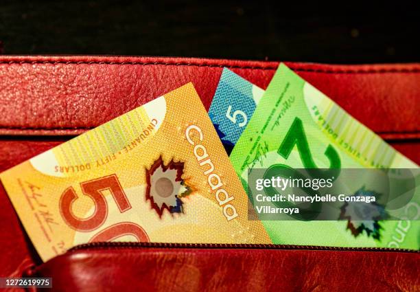 canadian paper currency in different denominations a purse - 50 dollars stock pictures, royalty-free photos & images