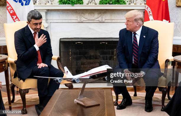 President Donald Trump and Foreign Affairs Minister of the United Arab Emirates Abdullah bin Zayed bin Sultan Al Nahyan participate in a meeting in...