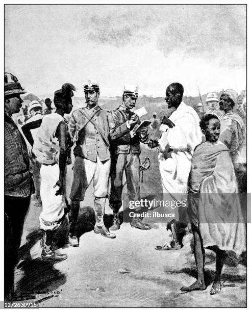 antique photograph of the first italo-ethiopian war (1895-1896): interrogation - colonialism stock illustrations