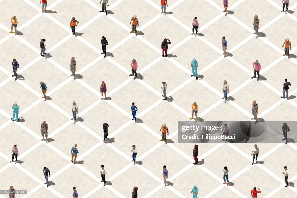 Social distancing concept with many people - Aerial view