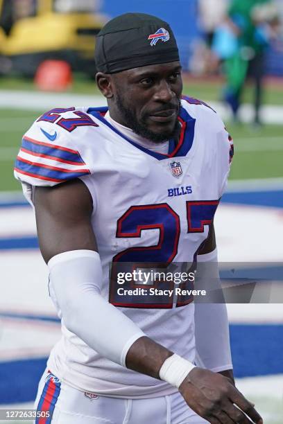 Tre'Davious White of the Buffalo Bills leaves the field following a game against the New York Jets at Bills Stadium on September 13, 2020 in Orchard...