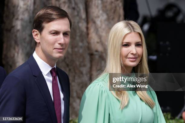 Special adviser to the president Jared Kushner and Ivanka Trump arrive to the signing ceremony of the Abraham Accords on the South Lawn of the White...