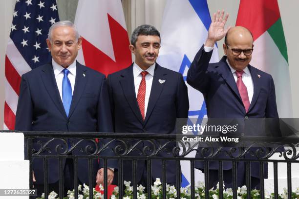 Prime Minister of Israel Benjamin Netanyahu, Foreign Affairs Minister of the United Arab Emirates Abdullah bin Zayed bin Sultan Al Nahyan, and...