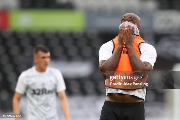Andre Wisdom of Derby County reacts during the Carabao Cup Second Round match between Derby County and Preston North End at Pride Park Stadium on...