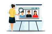 Woman seraching people for recruit in business team. Businesswoman looking for partners on webpage with magnifying glass. Modern development in office metaphor vector illustration