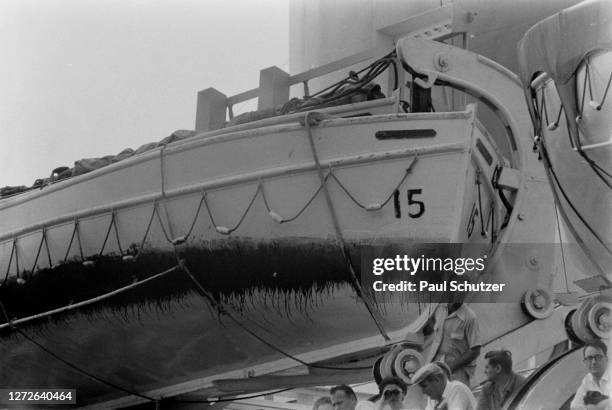 People gathering in a boat during the SS Andrea Doria maritime accident, 1956