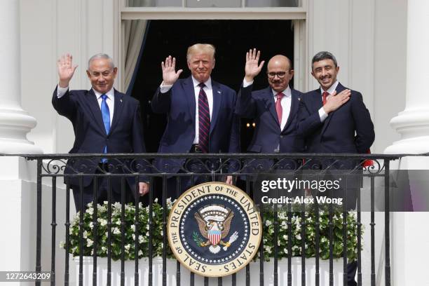 Prime Minister of Israel Benjamin Netanyahu, U.S. President Donald Trump, Foreign Affairs Minister of Bahrain Abdullatif bin Rashid Al Zayani, and...