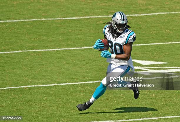 Ian Thomas of the Carolina Panthers makes a catch against the Las Vegas Raiders during their game at Bank of America Stadium on September 13, 2020 in...