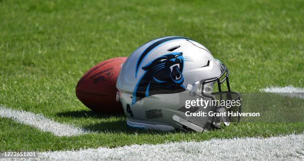 Detail photo of a Carolina Panthers helmet during their game against the Las Vegas Raiders at Bank of America Stadium on September 13, 2020 in...