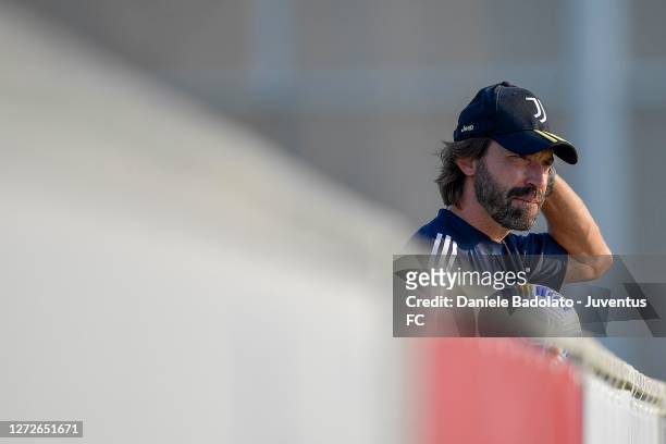 Juventus coach Andrea Pirlo looks on during a training session at JTC on September 15, 2020 in Turin, Italy.