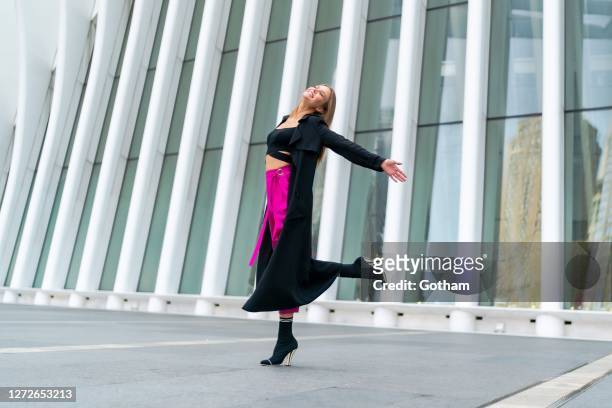 Josephine Skriver is seen during a photoshoot for Maybelline at the Oculus as the city continues Phase 4 of re-opening following restrictions imposed...