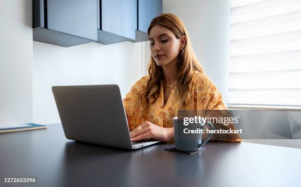 woman having video call with laptop at home. - camera operator imagens e fotografias de stock