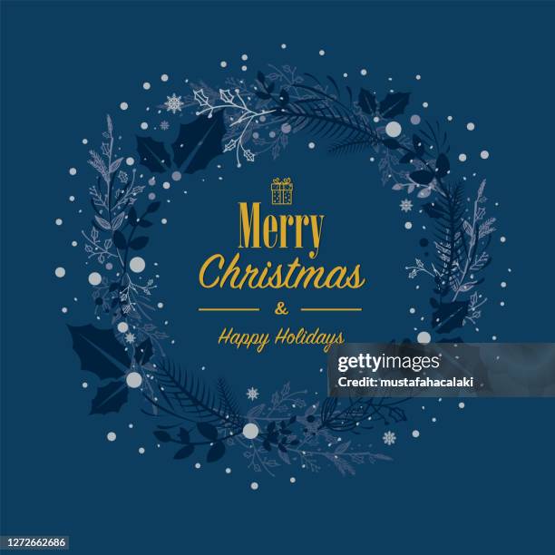 ilustraciones, imágenes clip art, dibujos animados e iconos de stock de tarjeta de navidad con corona de oro azul dibujada - corona de laurel